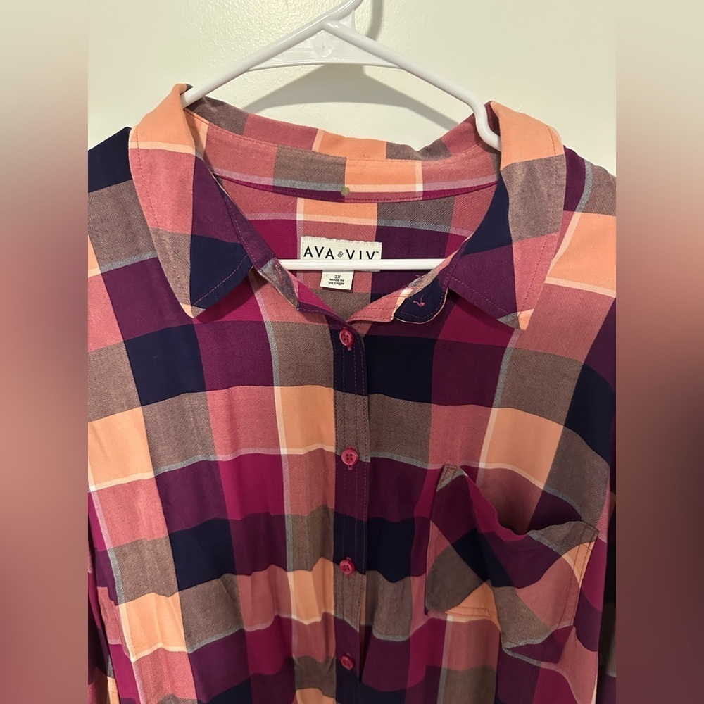 Ava & Viv Burgundy and Peach Button down Plaid Shirt - Picture 4 of 10